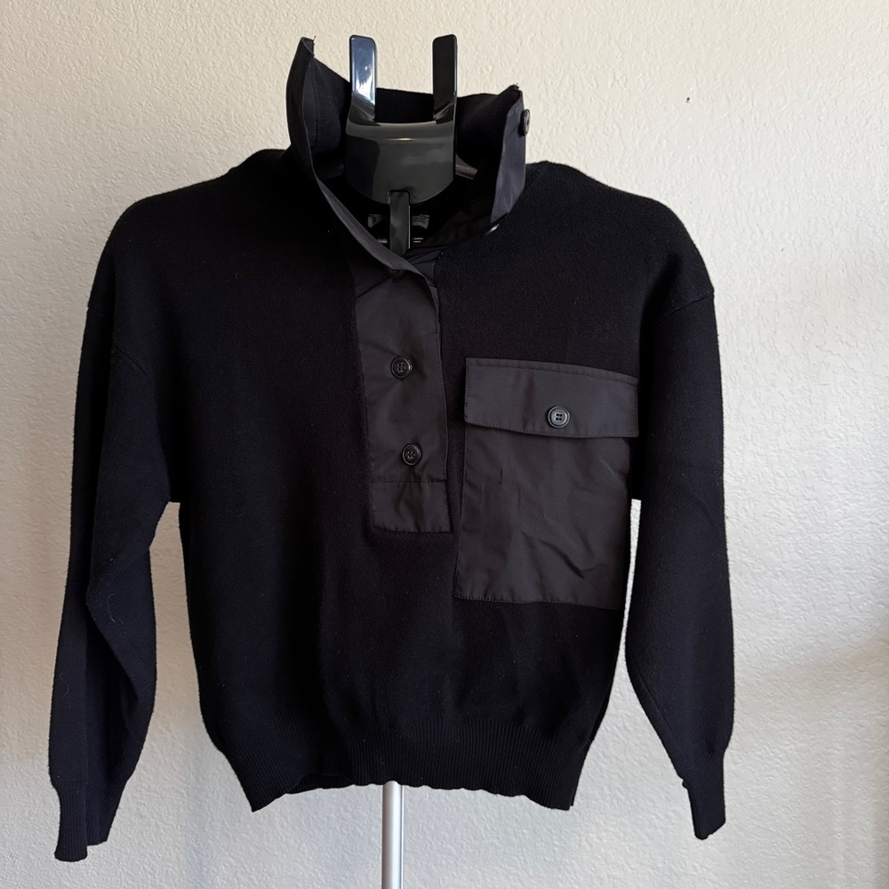 Mango MNG Black Mixed Media Knit Henley Utility Sweater XS - Picture 2 of 4